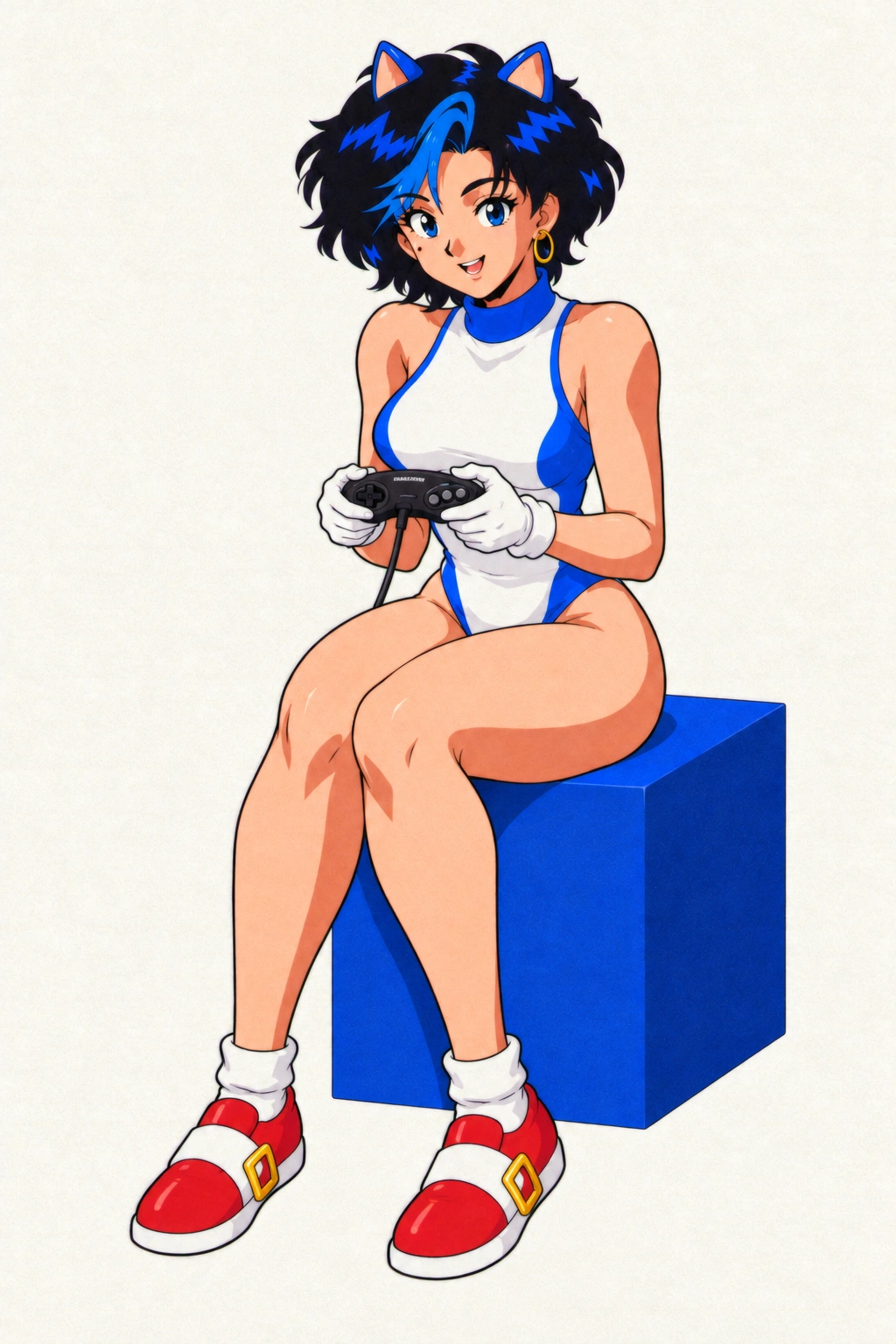 Segumi sitting on a blue cube with a retro controller