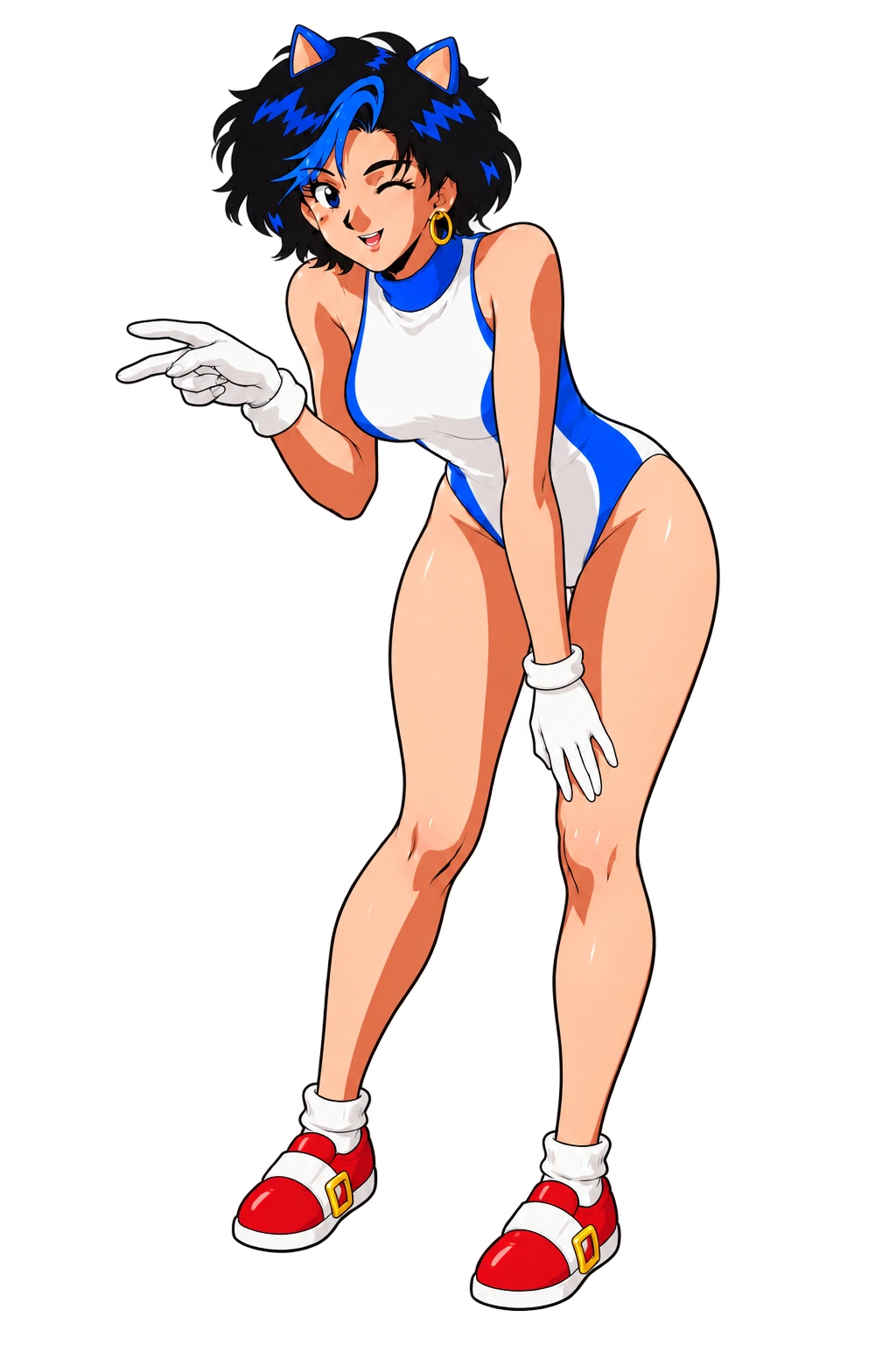 Segumi, a blue and white retro anime mascot with red sneakers, making a peace sign